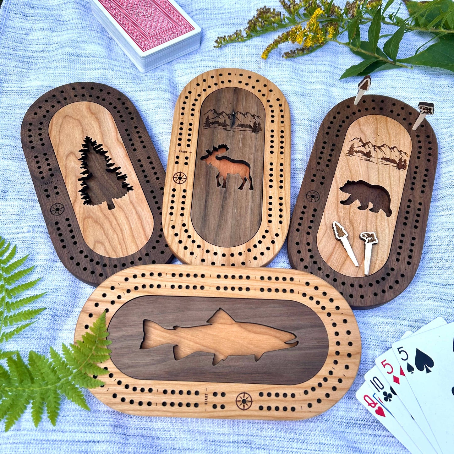 Tree Wildlife Mini Travel Cribbage Board & Custom Pegs Set